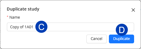 Dialog box for duplicating a study with input field and action buttons.